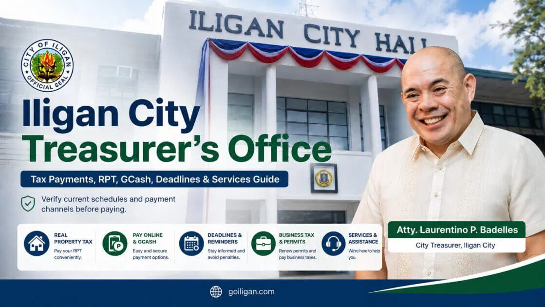 iligan city treasurer’s office banner highlights tax payments via gcash and features the smiling city treasurer.