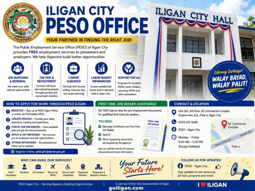 informational poster on iligan city peso services, job assistance, and how to apply for work at iligan city hall.