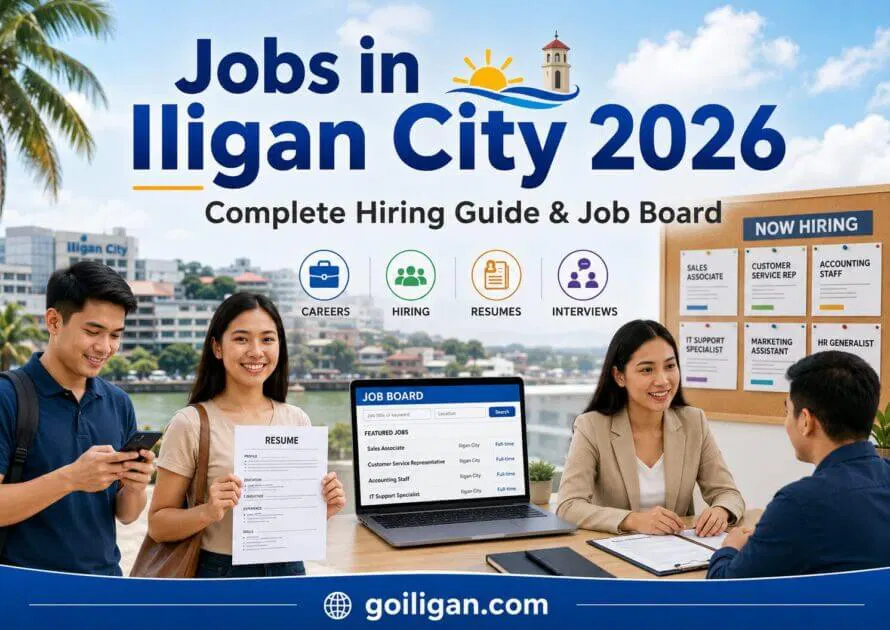 four young adults review resumes at a career fair, exploring iligan city jobs with a hiring board behind them.